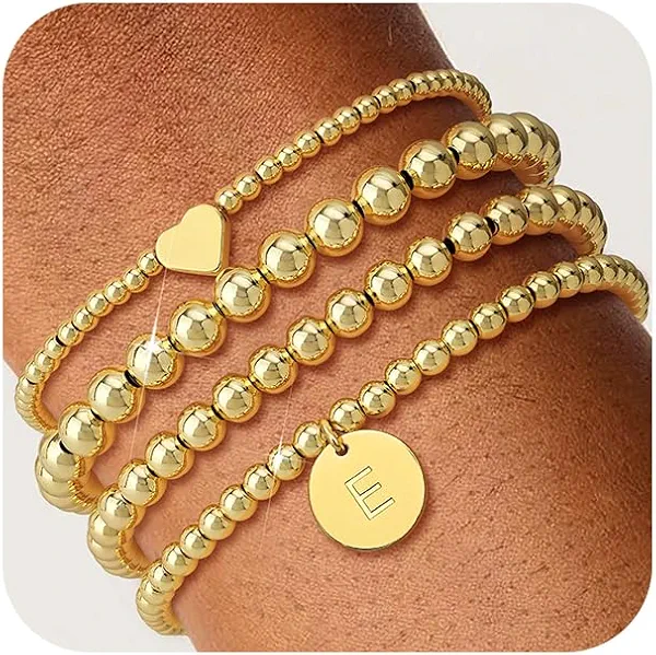 Howoo 14K Gold Plated Bracelets for Women Stretch Initial Bead Heart Bracelet Stack for Women Trendy
