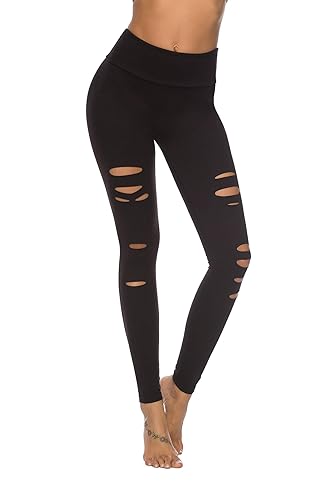 DIBAOLONG Womens High Waist Yoga Pants Cutout Ripped Tummy Control Workout Running Yoga Skinny Leggings - Medium - Black