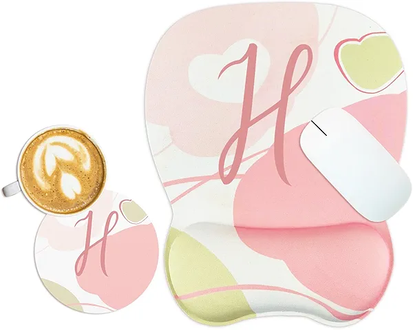 Aganmi Personalized Mouse Pad with Wrist Rest Support Gel,Cute Initial Mouse Pads and Coaster Set,Ergonomic Mouse Pads Small for Home Studying Gaming with Coaster Non-Slip&Pain Relief,H