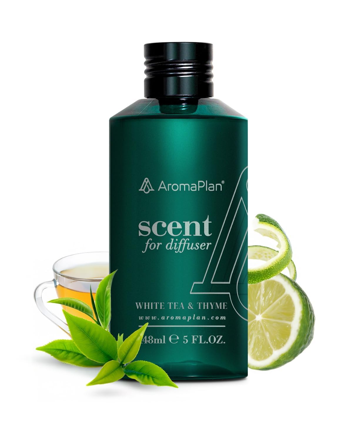 AromaPlan Hotel Scents White Tea & Thyme 5 Fl Oz (148ml), Home Luxury Aroma & Hotel Fragrance Diffuser Oil- Hotel Diffuser Oil for Aromatherapy- USA Made, Bigger Bottle, Bolder Aroma & Longer Lasting