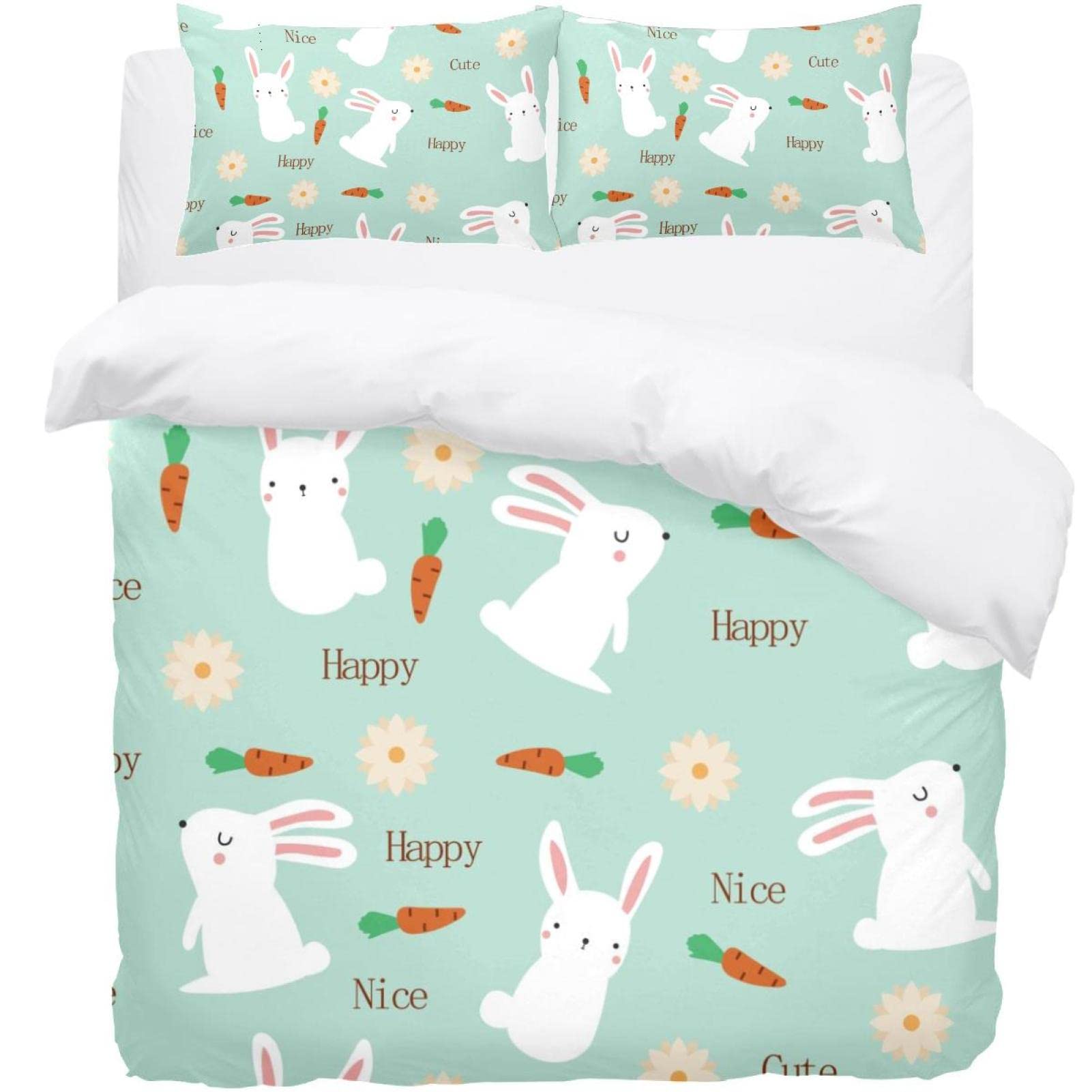 Parure de lit thermique blanche motif lapin avec housse couette et taies