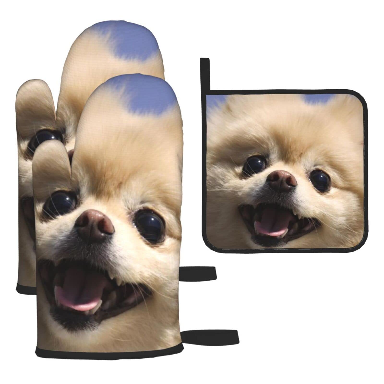 Cute Pomeranian Printed Kitchen Baking Three-Piece Heat-Resistant Thick Cotton Oven Gloves for Cooking and Baking.