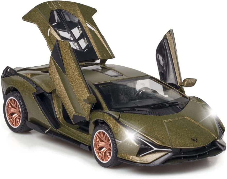 Image of Alloy Metal Pull Back Diecast Car Scale Model Metal Pullback Toy Car With Openable Doors & Light, Music For Gift,Party Decorations Toy (Lamborghini Miletry), Green