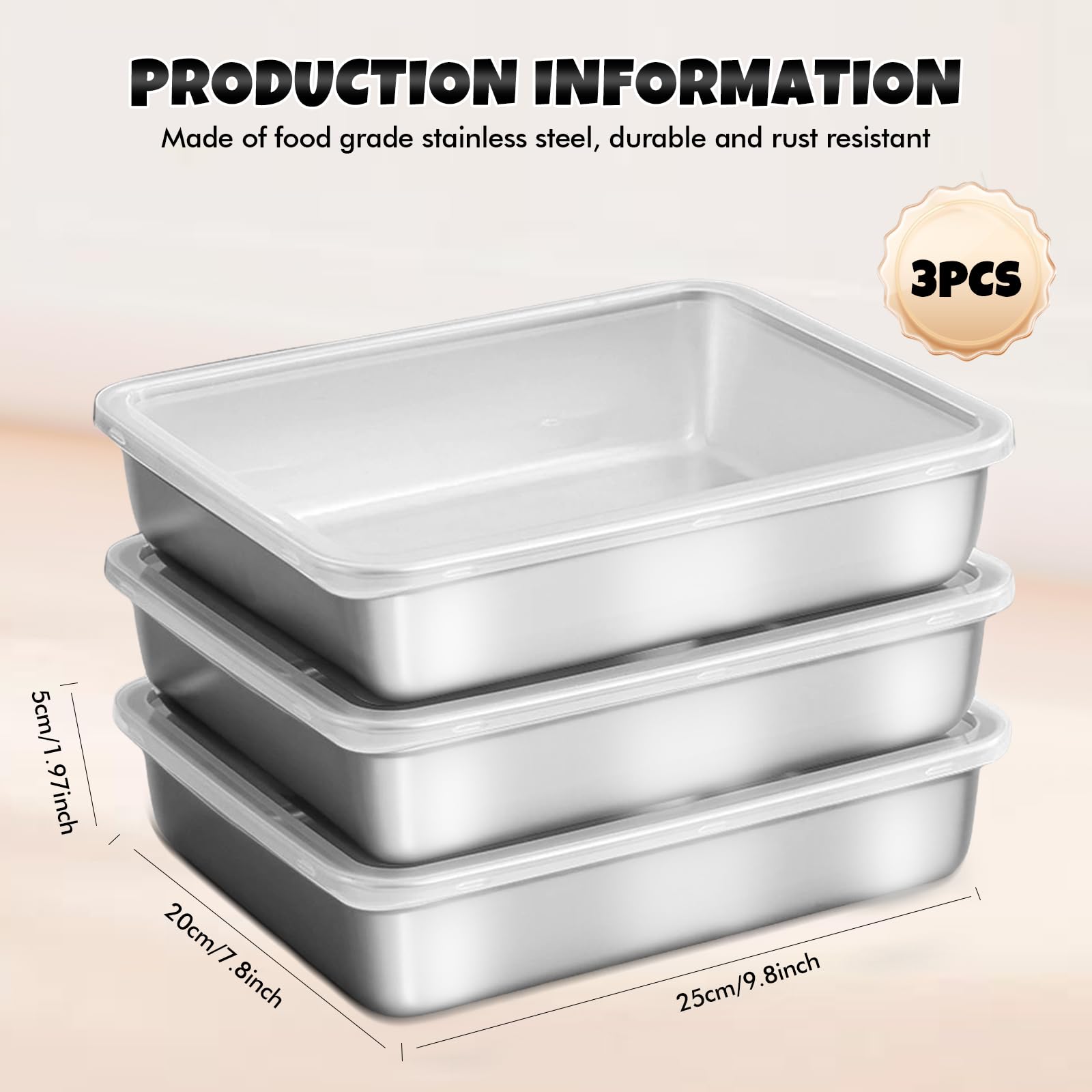 Contenitori per Alimenti in Acciaio Inox con Coperchio: 3 Pezzi 25×20×5cm Salvafreschezza Contenitori per Alimenti, Pranzo in Acciaio Inox con Coperchio Lavabile per Lavastoviglie, Cibo
