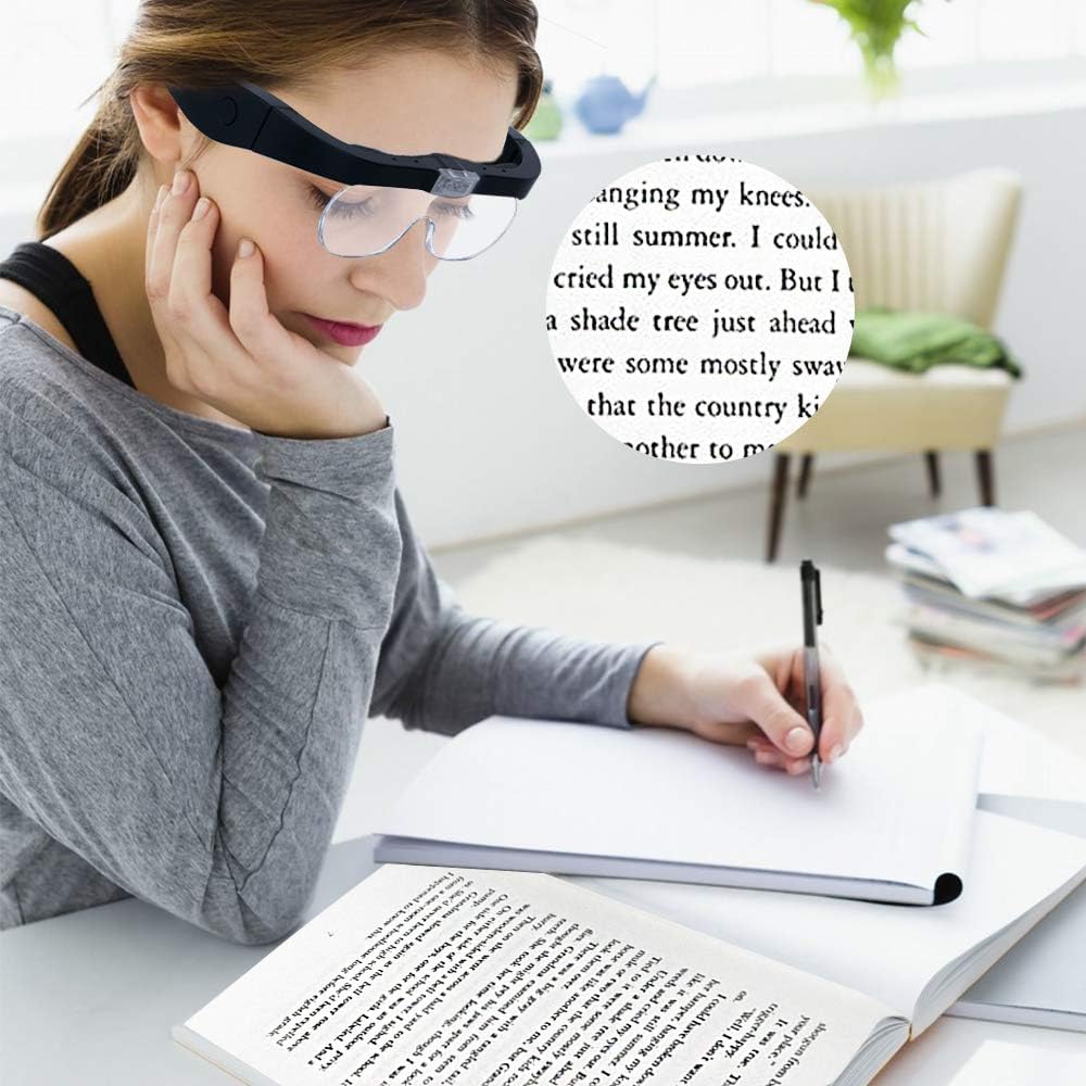 Head Magnifying Glass, USB Charging Hands Free Headband Magnifier with 2 LED Lights for Jewelry Craft Repair Watch Hobby and 4 Detachable Lenses 1.5X, 2.5X, 3.5X, 5X (Upgraded Version)