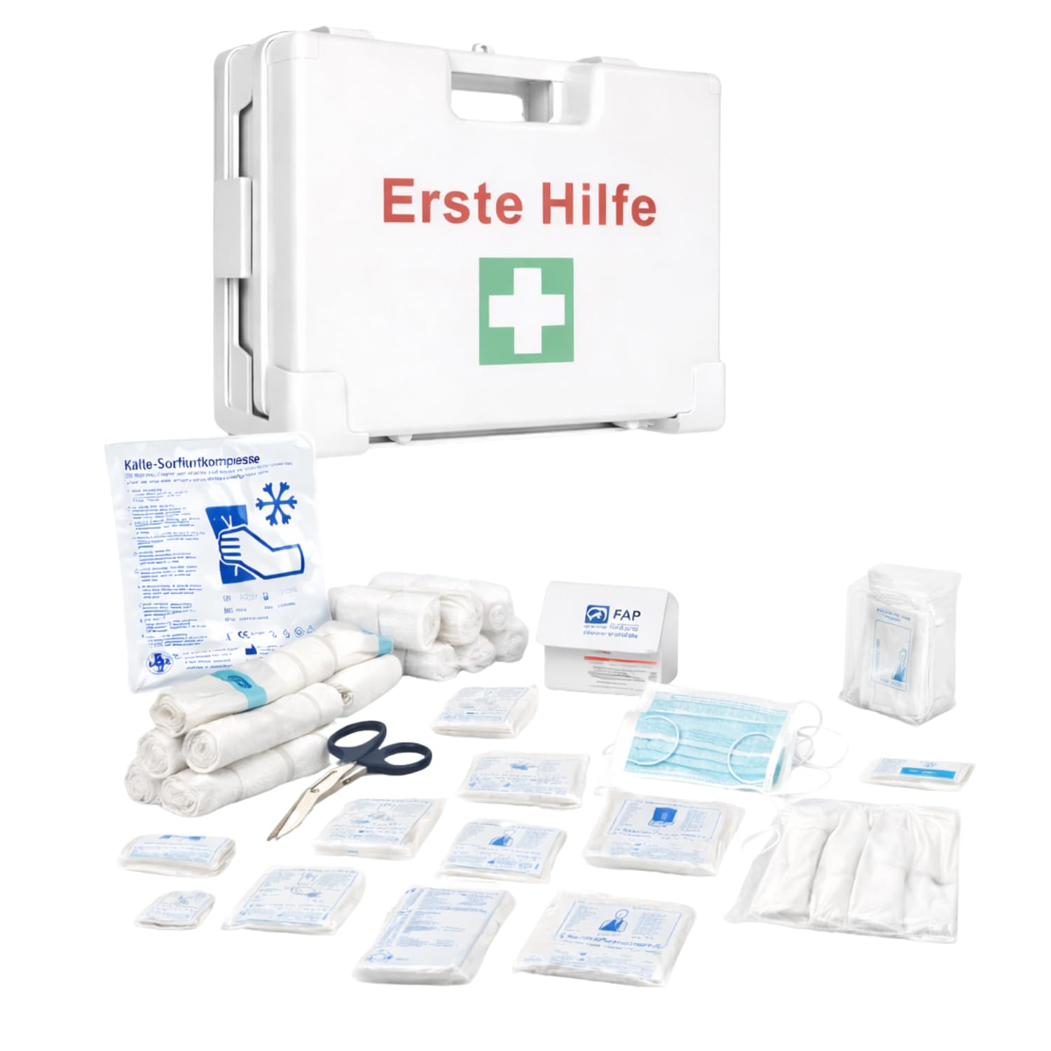 First Aid Products | Erste Hilfe Kasten MEDIUM Weiß | Inkl. DIN 13157:2021 Füllung 85-teilig | ABS-Kunststoff, Bruchsicher & Schlagfest | Wandhalterung & Schrauben | für Büro, Betrieb, Haushalt