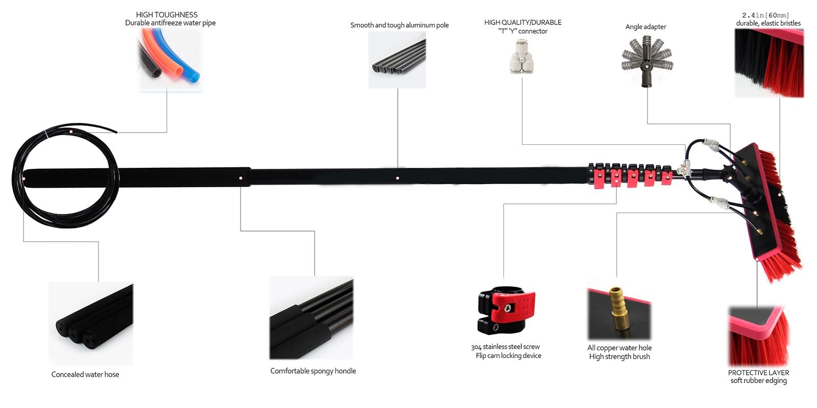 Kit de Cepillo para Limpieza de Paneles solares. Incluye pértiga Extensible de 6 Metros y Cepillo de 55 cm para Limpiar Paneles solares, techos y automóviles. Solución de