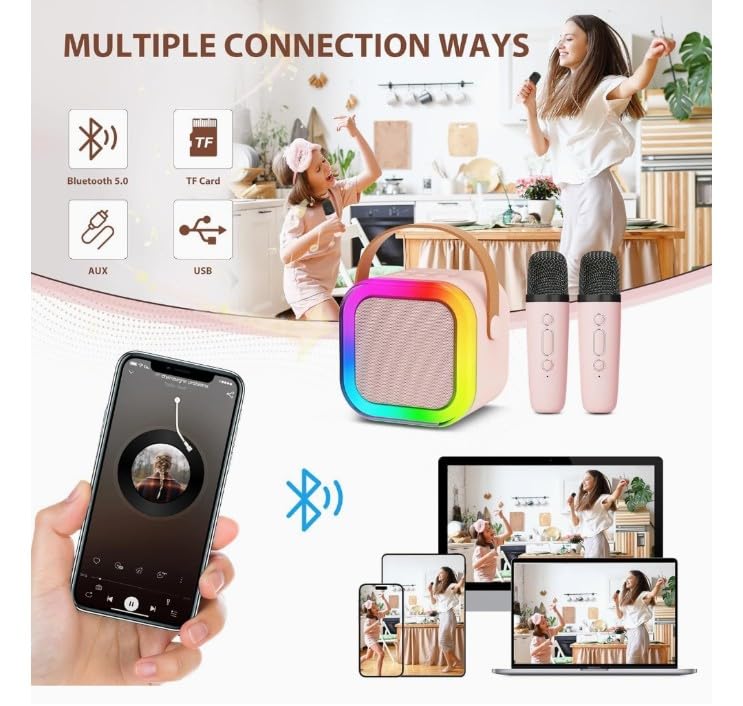 Image of Mini Karaoke Machine for Kids, Portable Bluetooth Speaker with Wireless Microphone, LED Lights, Voice Changer, Girls Gift Ages 3-12