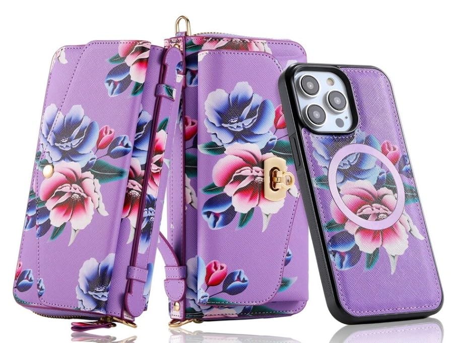 Étui portefeuille iPhone 14 en cuir violet avec coque magnétique détachable et rabat fentes