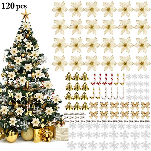 Outgeek Ornamento di Albero di Natale, 120PCS 5.91 '' Fiori di Natale Artificiali Glitterati con Fiocchi Campana Fiocchi Neve Piccole Stampelle Clip per Decorazioni Natalizie per Feste di Matrimonio