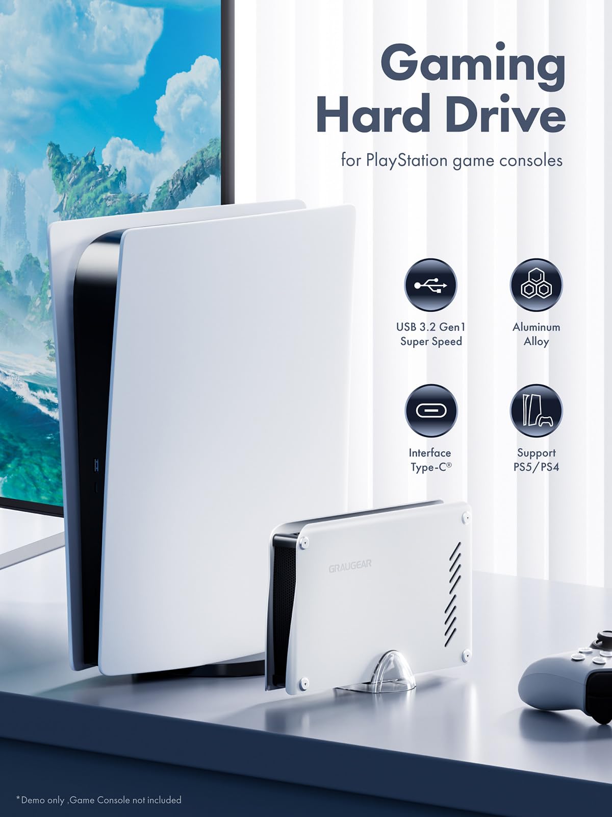 GRAUGEAR Disco Duro Externo de 4TB en Carcasa de Aluminio para Playstation, Formateado para PS5 y PS4, 4TB HDD 3,5 Pulgadas, USB-C y USB-A