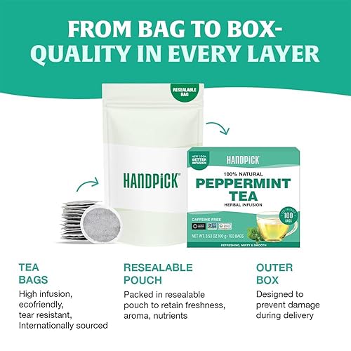 Miniatura 6 de HANDPICK, Té de menta, bolsas de té ecológicas, 100 unidades, sin cafeína, sin OMG, sabor a menta, fresco y fresco, directo de la fuente