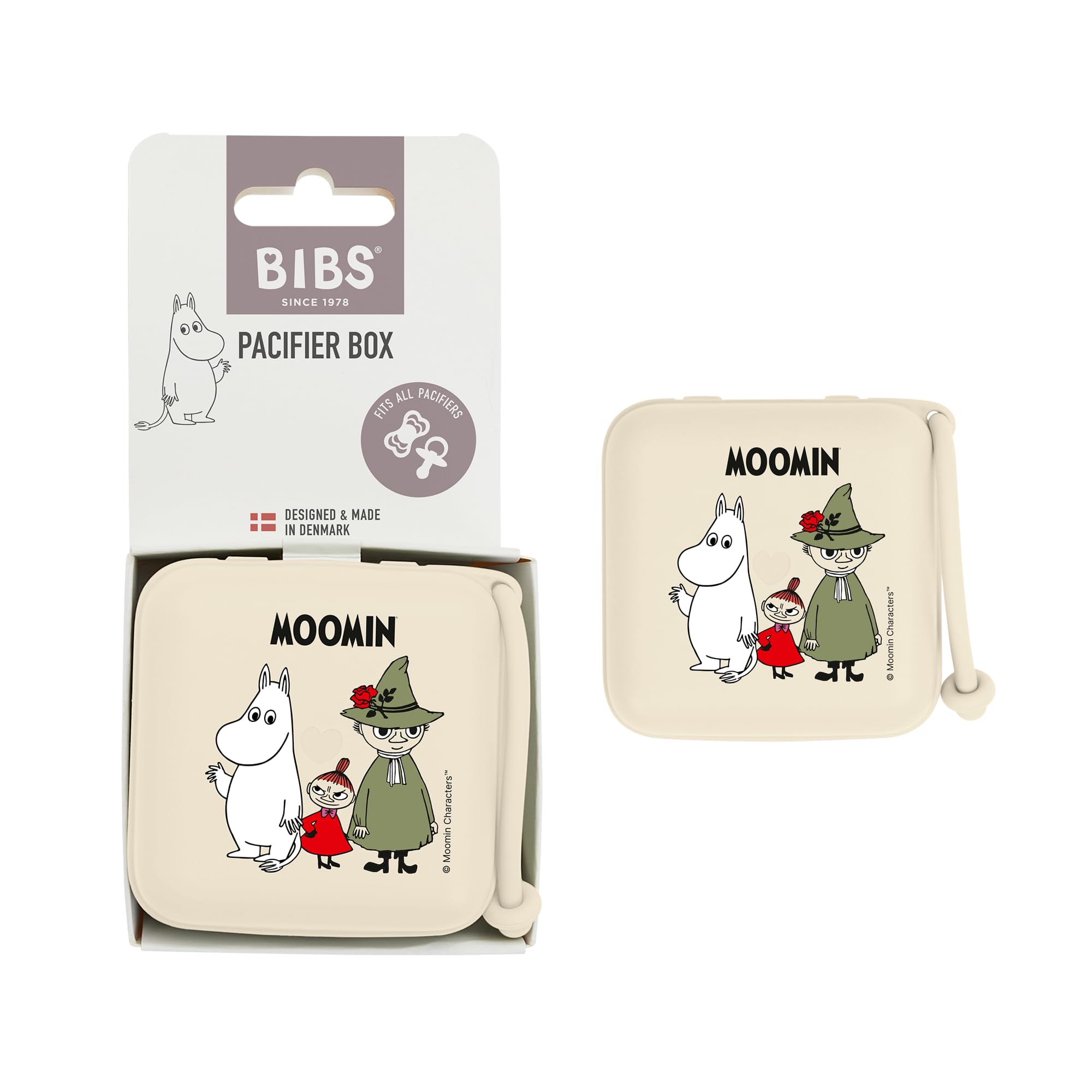 BIBS x Moomins Pacifier Box avec cordon. Porte-sucettes et stérilisateur. Entièrement en matériau de qualité alimentaire, sans bisphénol A - Ivory