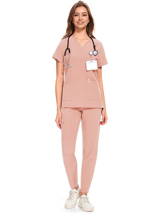 COZYFIT Medical Scrubs for Women Set - Curved V-Neck Scrub Top Jogger Pants with 8 Pockets