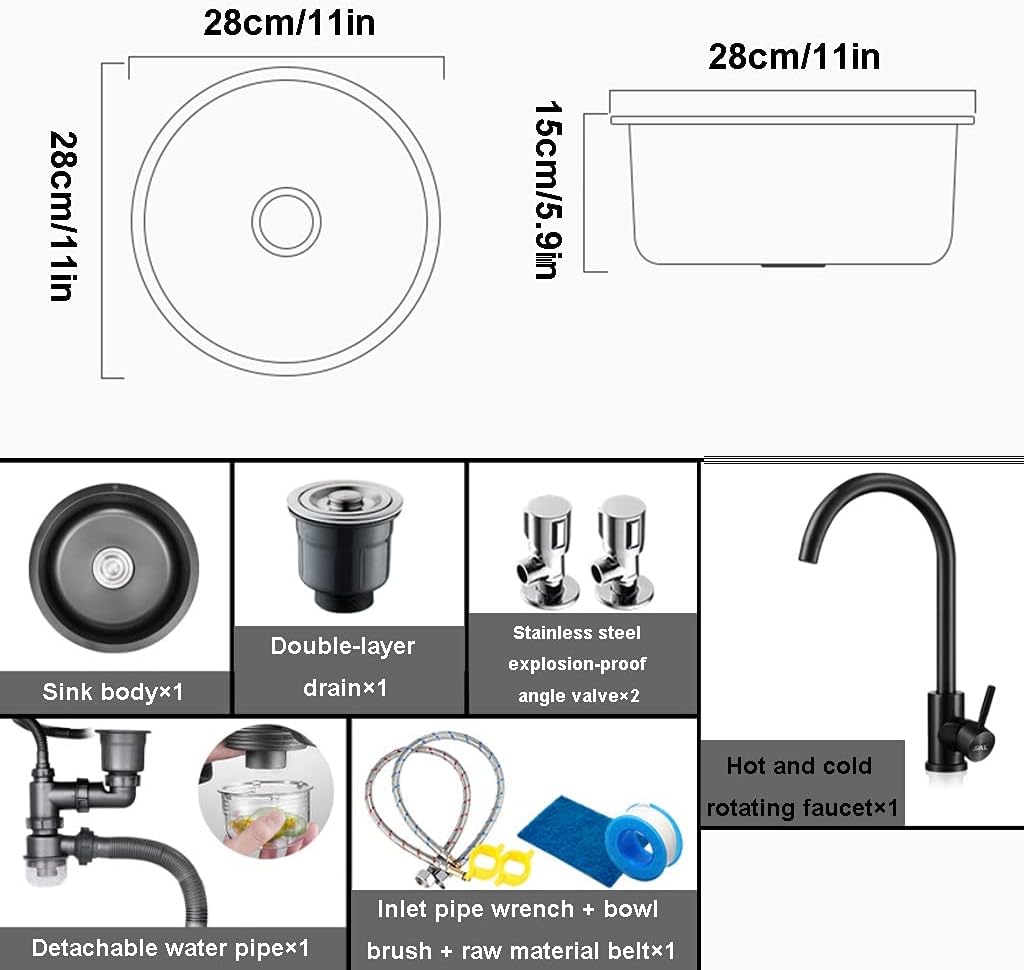 Kitchen Sink. Brushed Round Shape Black Bar Prep Sink, Single Prep With Faucet, 304 Stainless Steel, Drop-In Or Undermount Installation