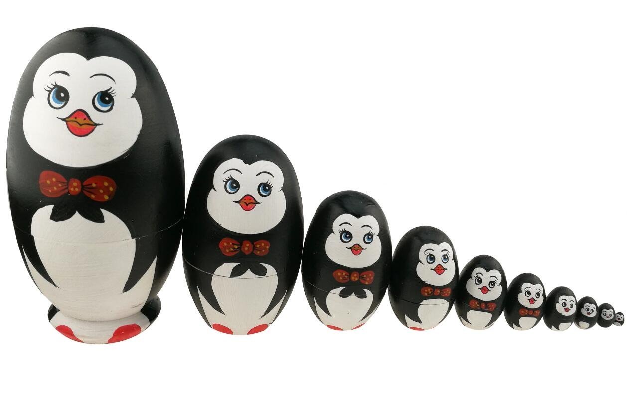 Winterworm Set di 10 bambole matrioska a forma di pinguino a forma di uovo in legno, fatte a mano, giocattolo per bambini, idea regalo