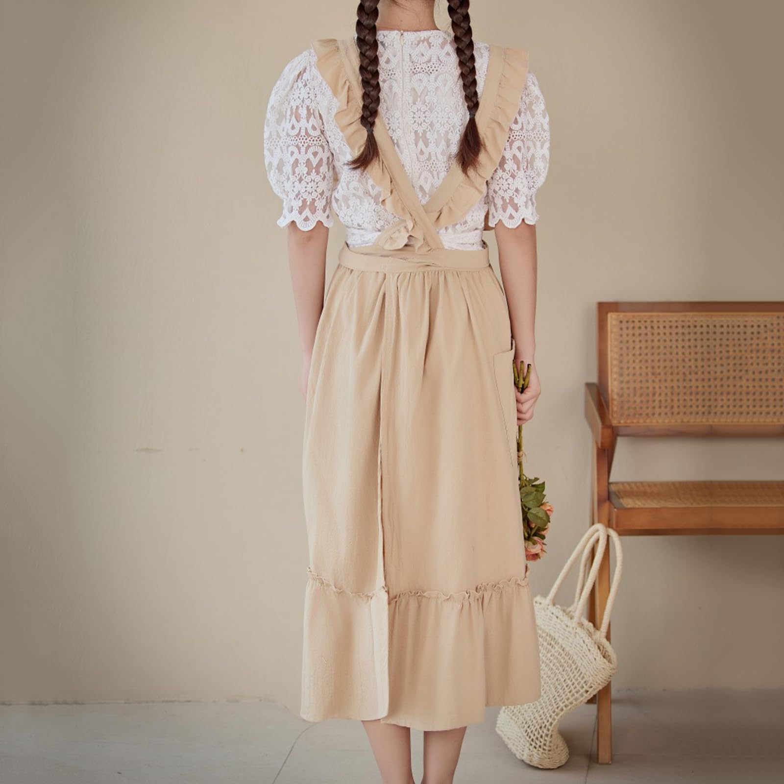 Tablier De Cuisine Vintage en Coton pour Femme Beige avec Volants Et Poches pour Cuisine Jardin Poterie Atelier Artisanat Beige,One Size