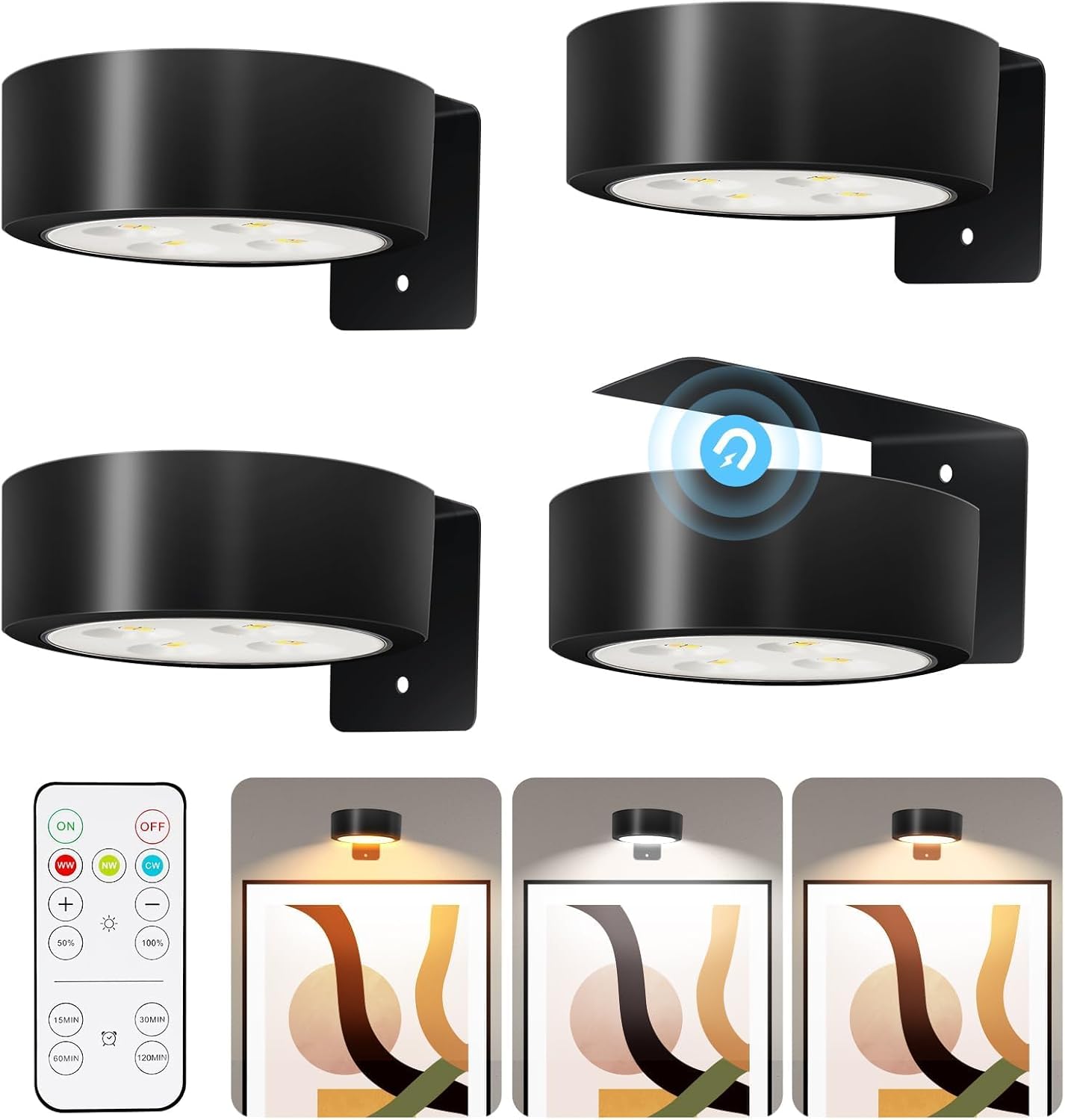TTQ 4 PCS Magnetic Picture Lights for Wall Battery Operated,Wall Painting Light with Wireless Control,Art Display Light,Wall Decor Puck Lights for Picture Frame Portrait Artworking