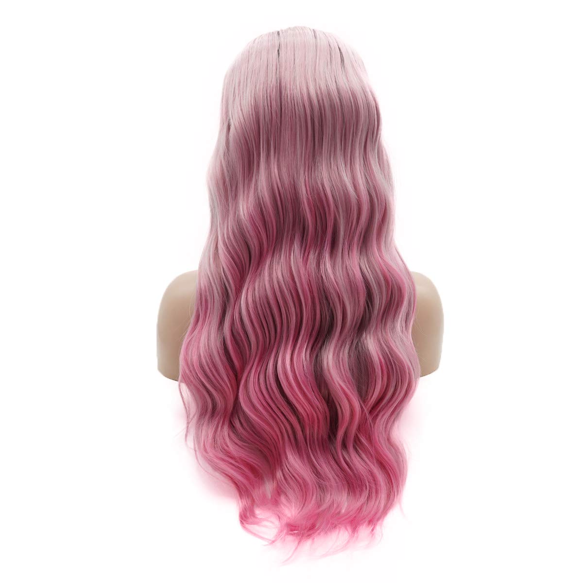 Lushy Long Wavy 24inch Dark Root Light Purple Pink Mix Ombre Heavy Density Realistic Synthetic Lace Front Wigs