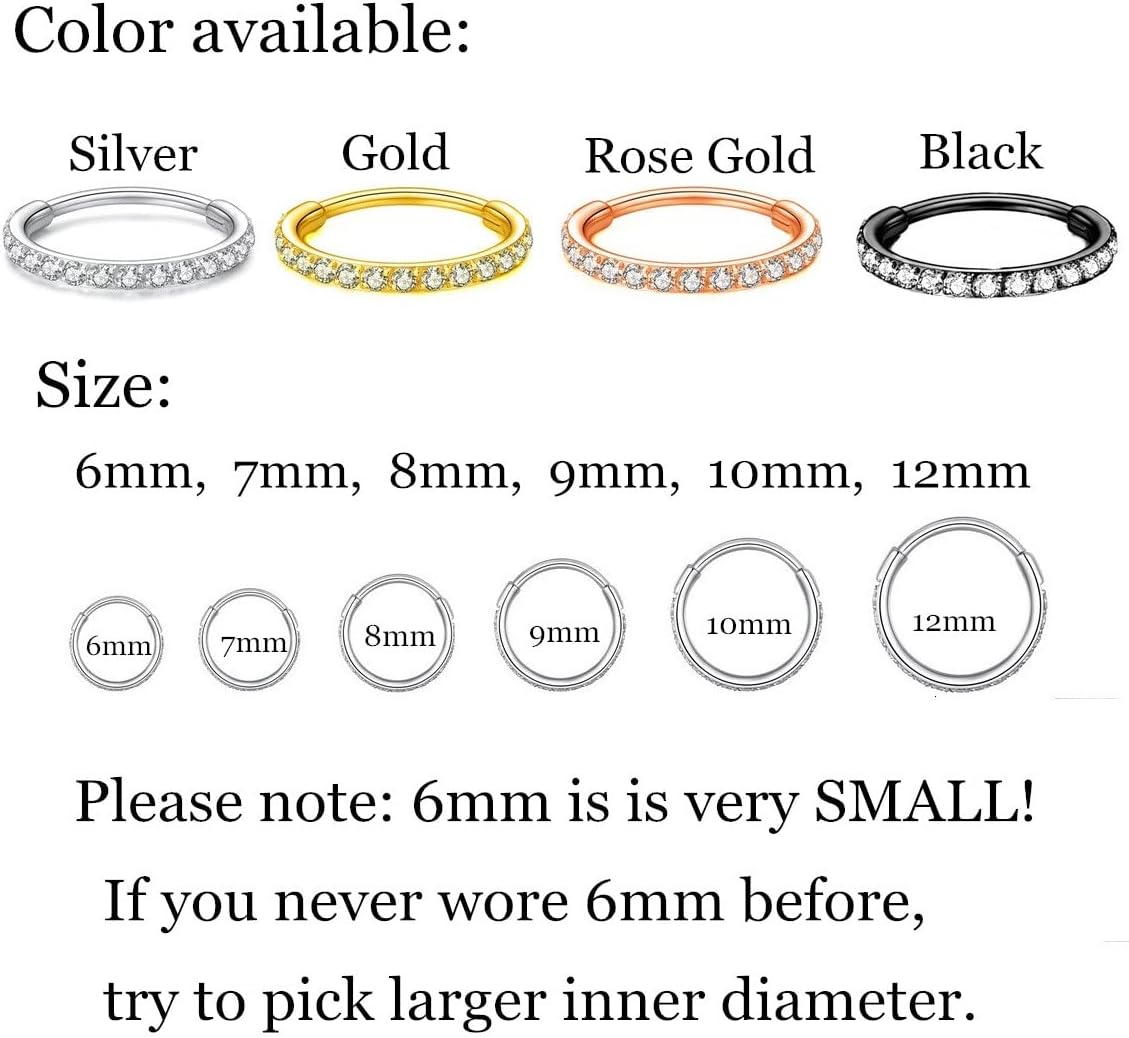CZ Hinged Segment Nose Rings Hoop 316L Surgical Steel Cubic Zirconia Conch Daith Helix Tragus Body Piercing Jewelry Lip Rings Cartilage Earrings 20G 18G 16G Stainless Steel Septum Clicker Ring - Image 4