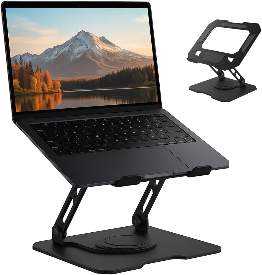 Suporte para Notebook de até 17” em Aço Carbono, Ajustável, Dobrável, Base Giratória 360° e Ventilação