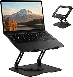 Suporte para Notebook de até 17” em Aço Carbono, Ajustável, Dobrável, Base Giratória 360° e Ventilação, Ergonômico e Portátil para Home Office e escritório, também para tablets e celulares