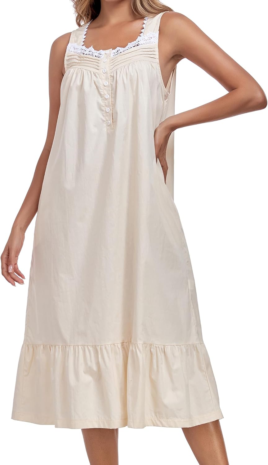 100% Cotton Nightgowns For Women Sleeveless Night Gown Long Sleep Dress With Pockets - Image 3