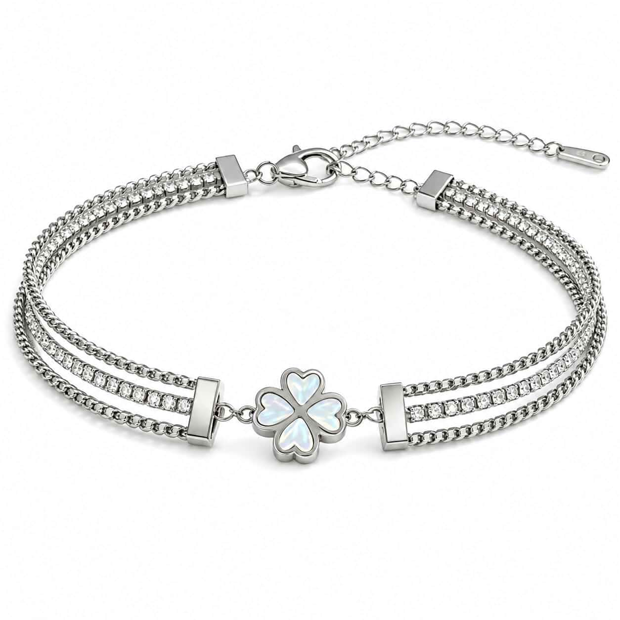 Silver Tone Flower Bracelet, Minimalist Triple Chain Jewelry for Women Iridescent clover inlay, crystal-accented rows, polished connector bars and lobster clasp with extender create layered shine.