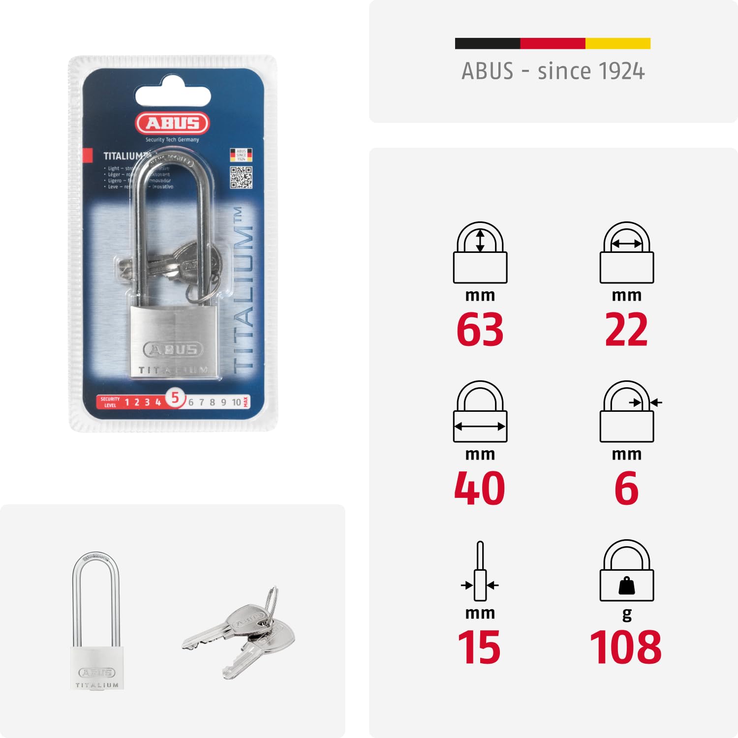 Abus 64TI/40hb63 40 x 63 mm Titalium Cadenas avec clé Unique à Anse Longue Ka6412