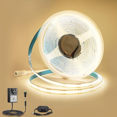 Tira de luz LED COB de 24 V, tira de luz LED blanca cálida de 16.4 pies, 3000 K, kit de luces LED COB flexible de 24 V con adaptador y control