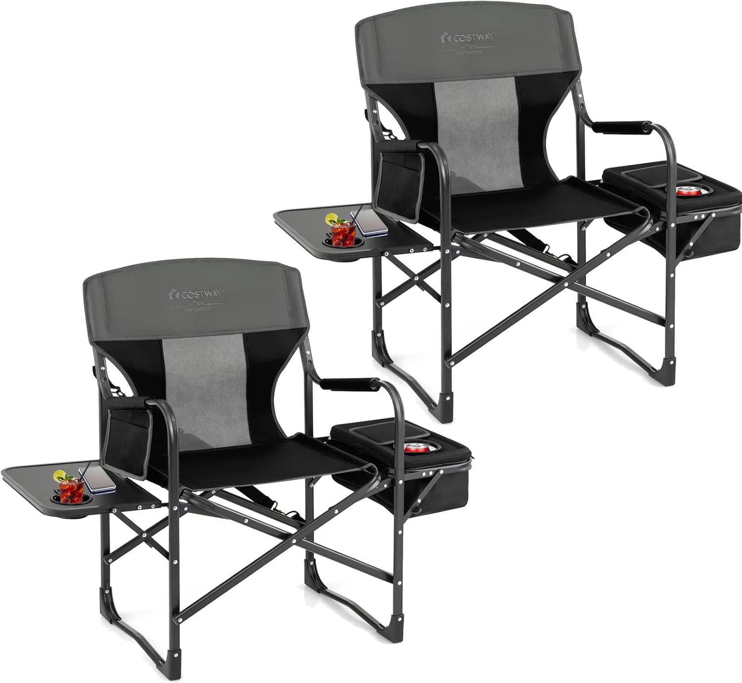 COSTWAY Folding Camping Chair, Heavy-Duty Director Chair Supports 400lbs for Adults with Side Table, Cooler Bag, Storage, Strap, Portable Makeup Chair Suitable for Fishing Picnic