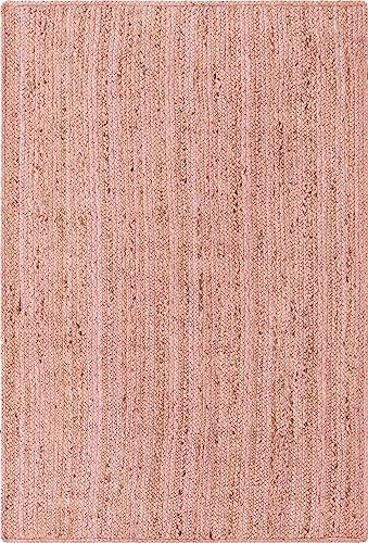 Image of Unique Loom Braided Jute Collection Area Rug - Dhaka (4' 1 inch x 6' 1 inch Rectangle, Light Pink)