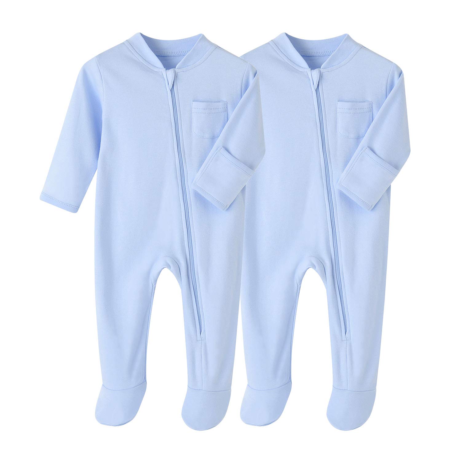 BINIDUCKLING Paquete de 2 pijamas unisex con pies acogedores para recién nacidos, niños y niñas, de colores sólidos, de algodón, de 0 a 12 meses