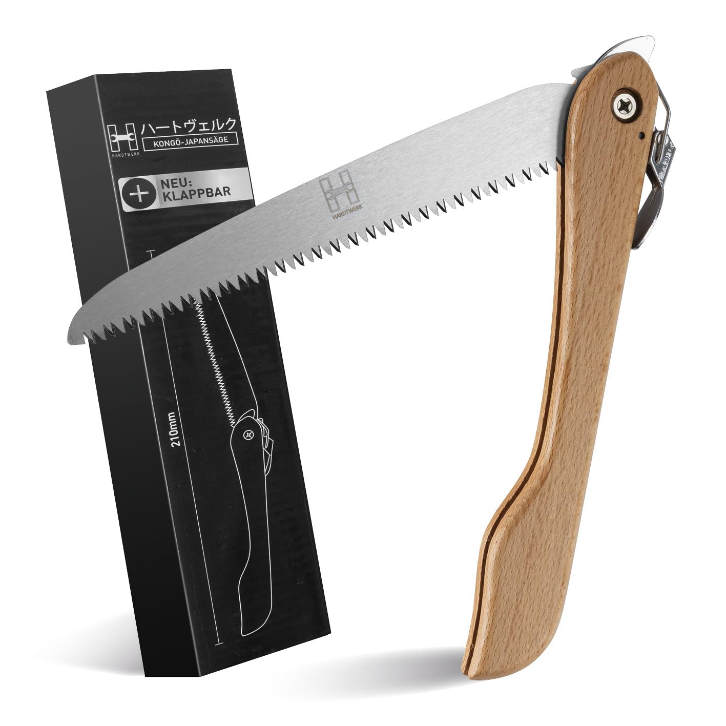 HARDTWERK Scie pliante Alpha avec manche en bambou (210 mm) pour jardin, extérieur, Bushcraft avec mousqueton en S, scie à main en acier au carbone SK5, scie à main pliante polyvalente, scie à main de