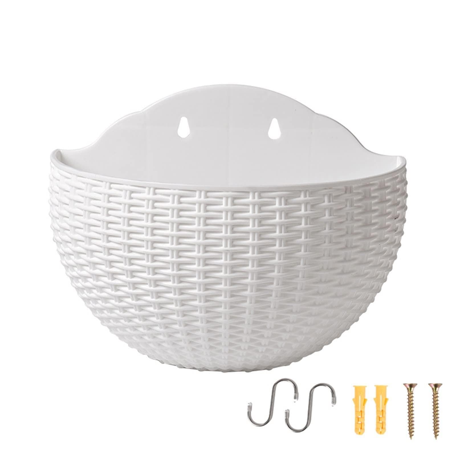 Rattan Hanging Basket Garden Wall Plant, Outdoor Flower Pot Plant Semicircle Container with Drainage and Hooks for Plants Flowers Herbs Violets (8 Colors, Imitation Rattan Wall Mounted) (White)