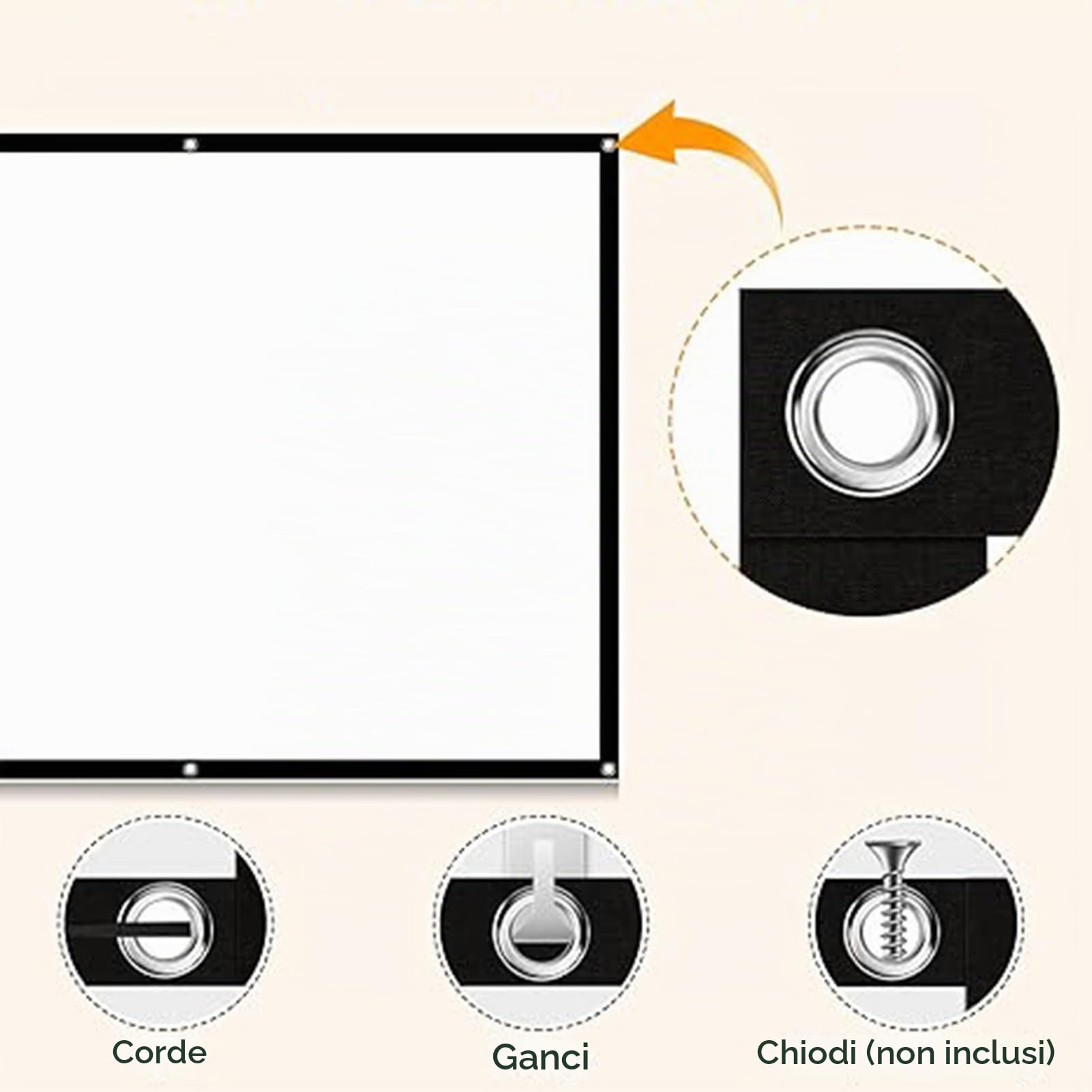 Schermo Proiettore 200 Pollici, Schermo Cinematografico per Esterni Portatile Pieghevole Lavabile, Area Immagine 174x99 Pollici, con Borsa e Ganci
