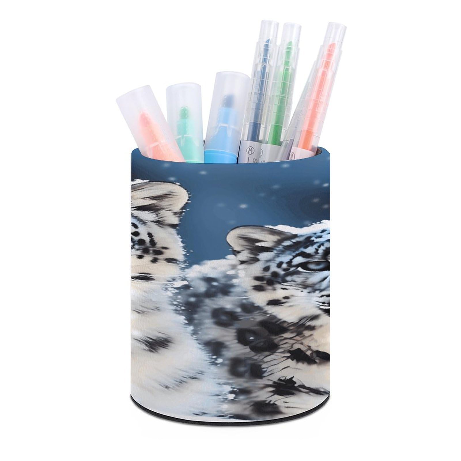 MUSM Blue Eyed Snow Leopard Pen Holder Round PU Leather Pencil Cup Waterproof Pencil Holder for Desk Pen Cup Pen Organizer Pencil Organizer Makeup Brush Holders for Home Office Decor