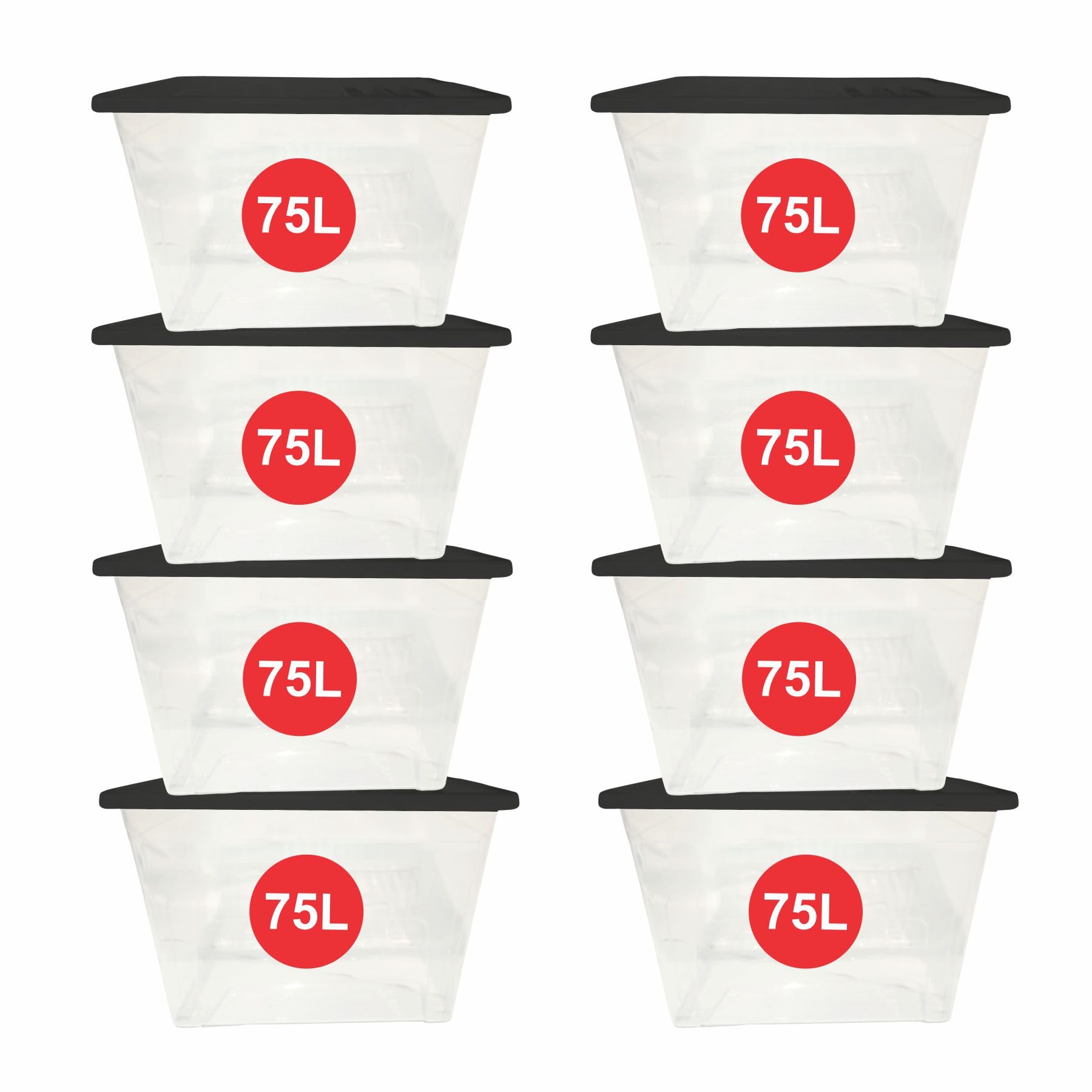 RelianceUK 80Litres Plastic Storage Box with Black Lid (Pack Of 8) 80L Nestable Stackable Large Storage Containers Plastic Box with Lid for Home, Office, Kitchen | Big Clear Storage Boxes