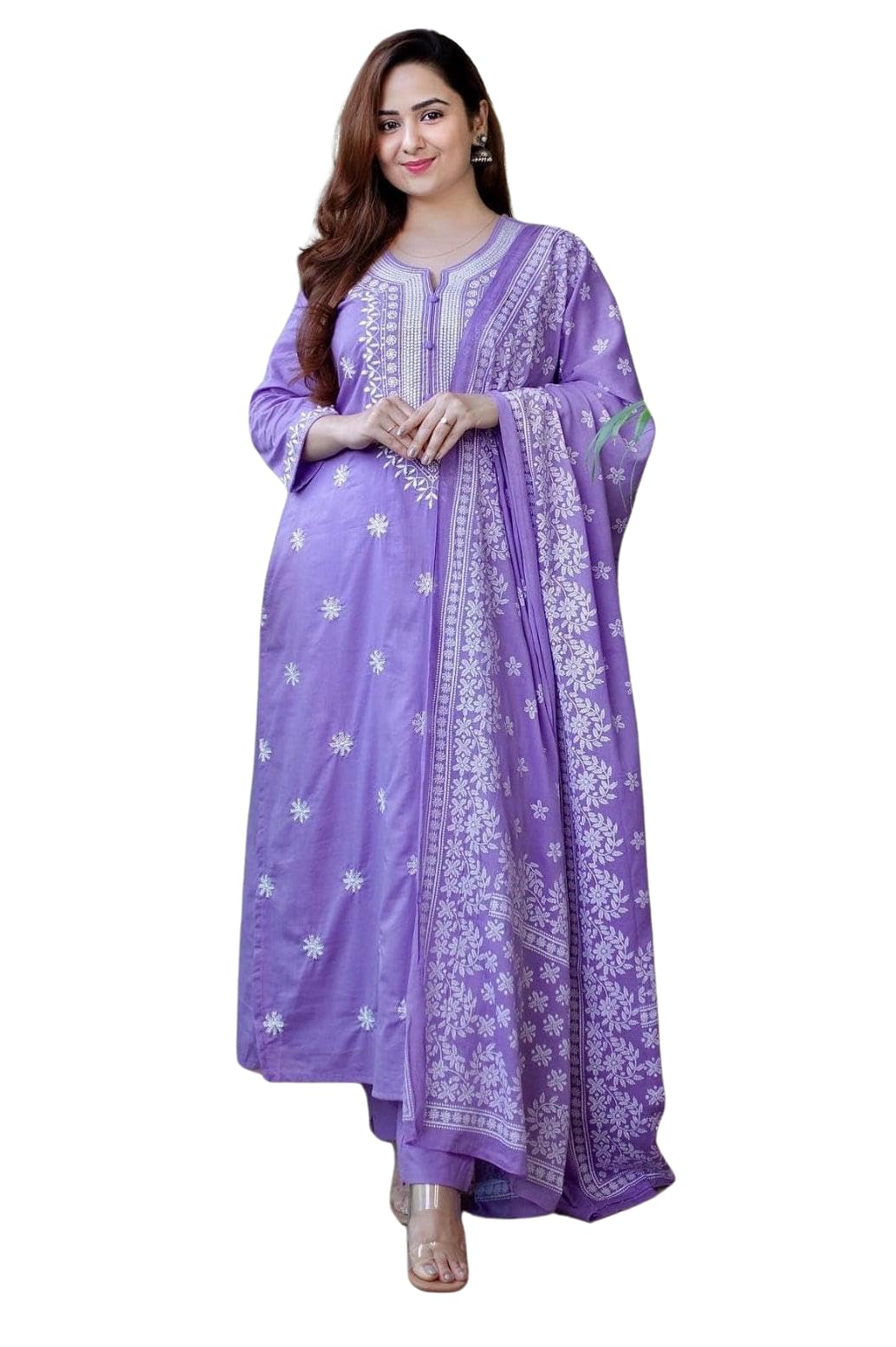 Women’s Cotton Floral Printed Straight Kurti With Pant and Dupatta (Lavender)-picture-35