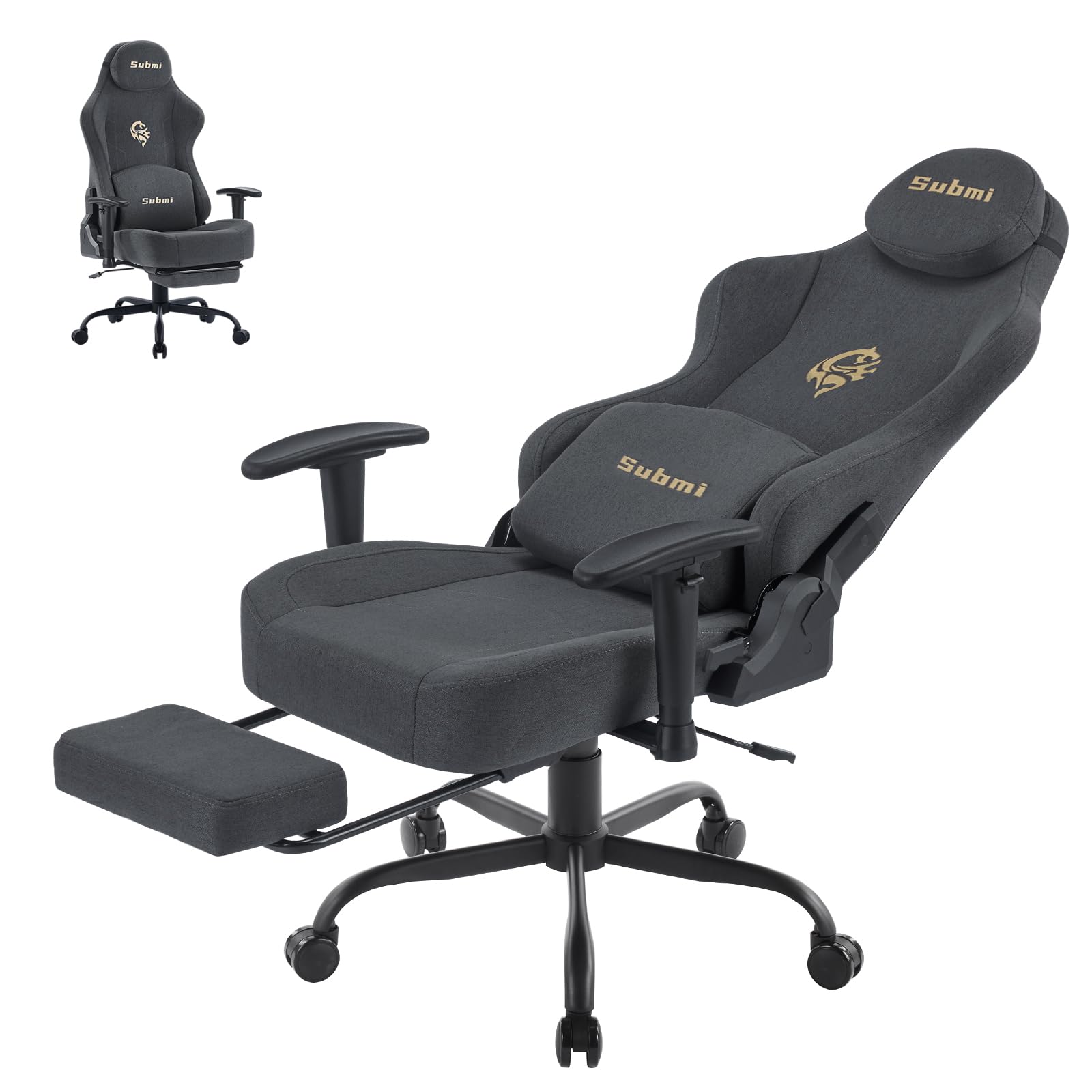 Chaise Gaming Ergonomique pour Adultes et Adolescent, Support Lombaire et Repose-Pieds, Hauteur Réglable en Tissu Gris F