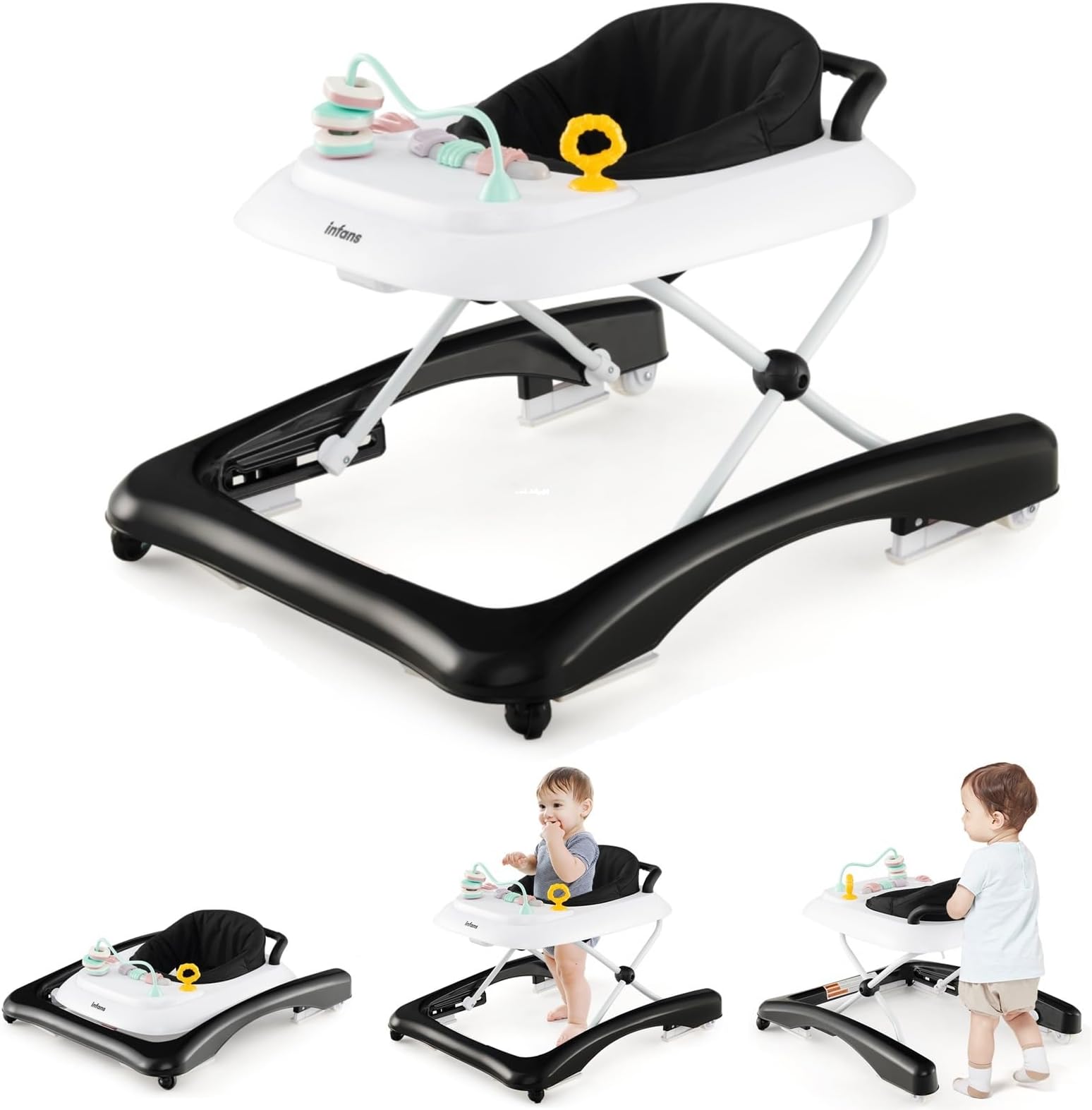 INFANS Foldable Baby Walker, 3 in 1 Toddler Leaning-Seated Walk-Behind with Adjustable Height, Push Handle, Washable Seat Cushion for Boys and Girls (Black)OEKO-TEX STANDARD 100