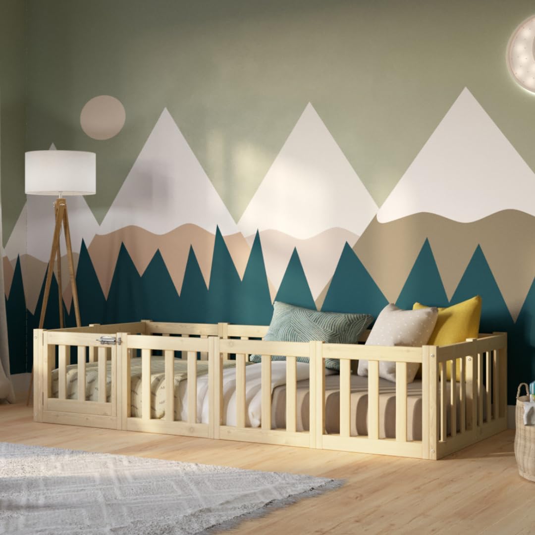 Cama Montessori 190x120 cm - Cama Infantil con Protección contra Caídas 40cm y Barrera Abrible - Camas Infantiles Superficie Lisa niños y niñas - Madera Natural