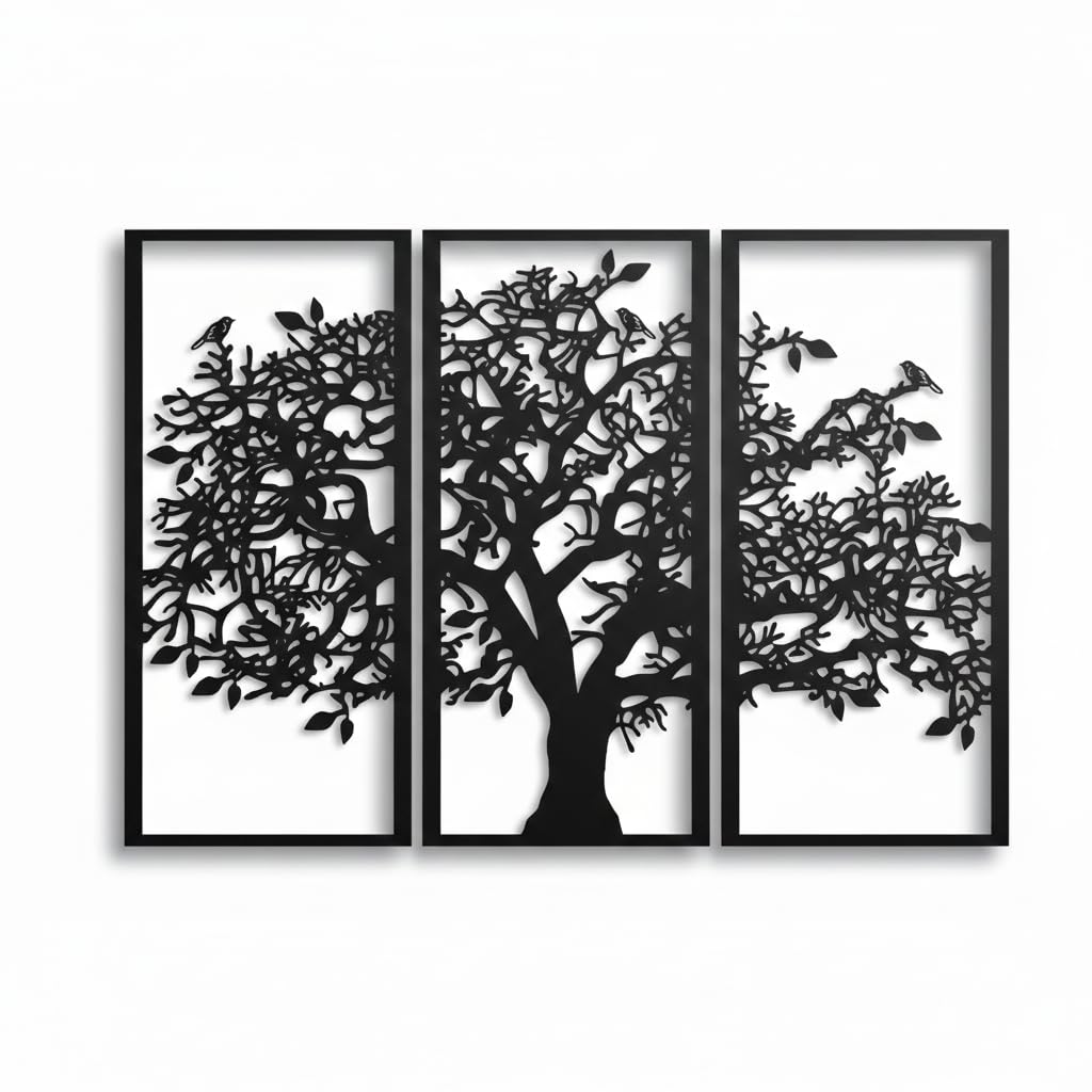 DEKADRON 3 Panels Familienstammbaum Metall Wanddekoration Baum des Lebens Wandkunst für Zuhause Schlafzimmer Wohnzimmer 76x51cm schwarz