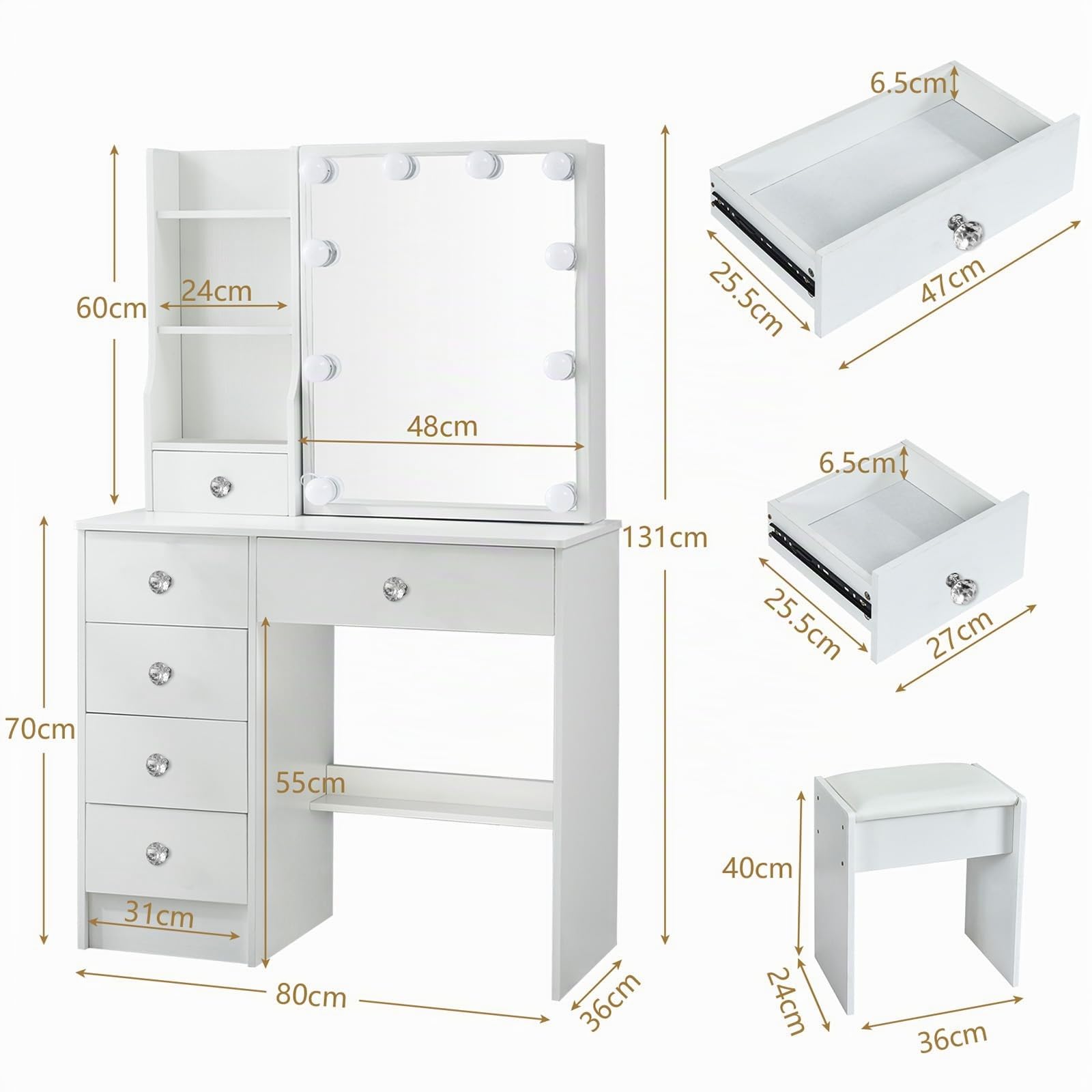 Toeletta Trucco con Specchio e Sgabello, Postazione Make-up Robusta con Luci Dimmerabili e Guida Video, Scrivania da Trucco con 6 Cassetti e 6 Ripiani, Bianco, 36×80×131 cm, H3971 | 6 cassetti, 6 ripiani, illuminazione LED regolabile, ampio spazio conteni