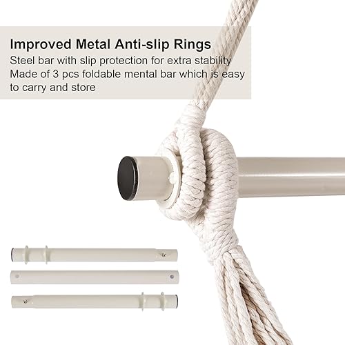 Miniatura 6 de Silla tipo hamaca, asiento de columpio de cuerda colgante con 2 cojines, bolsillo lateral para silla colgante de macramé con varilla de metal de