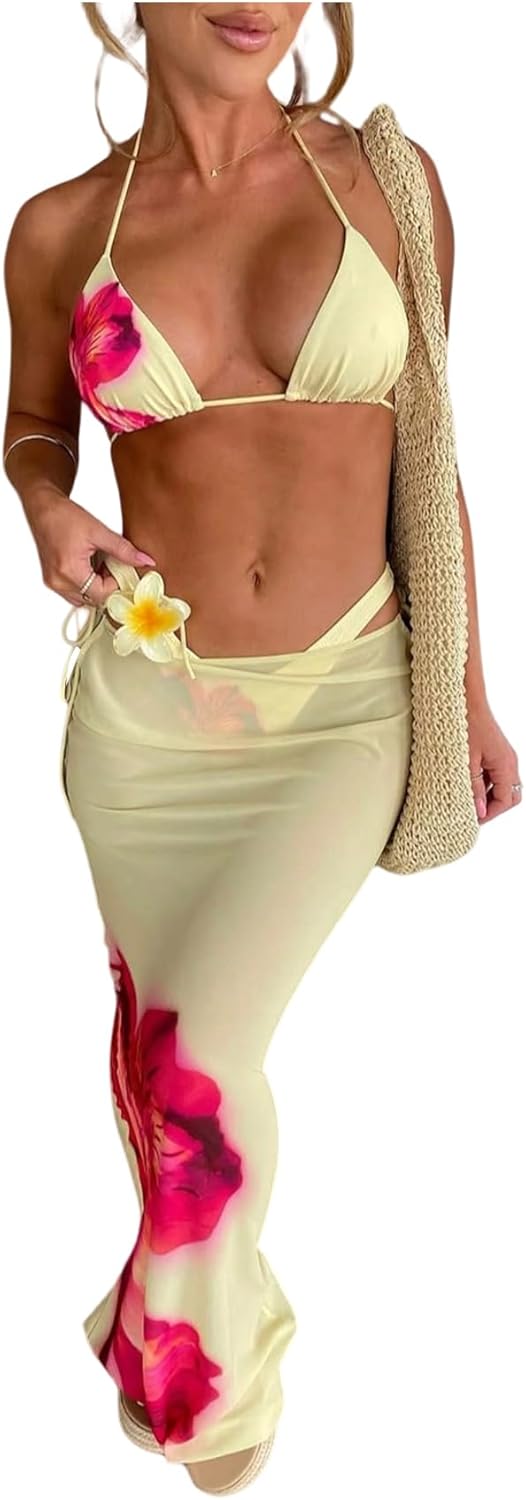 Women's 3 Piece Floral Cheeky Bikini Sets Halter String Swimsuit with Mesh Beach Cover Up Skirt