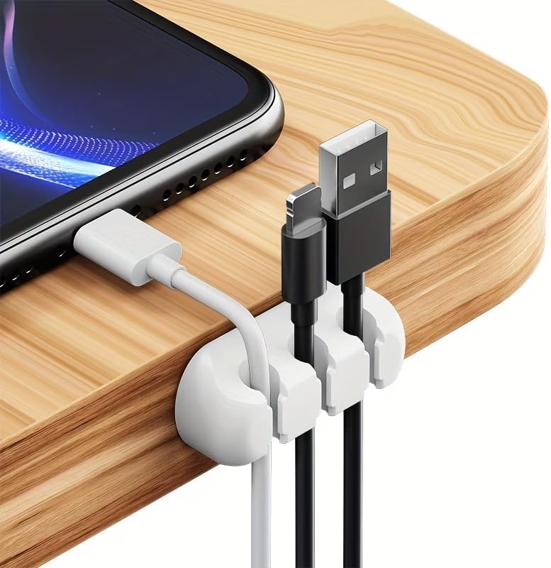 Silicone Cable Organizer Self Adhesive Desktop Clips Low Profile Multiple Slots for Mobile Charging Earphones Mouse Wires, White, Set of 5 pieces