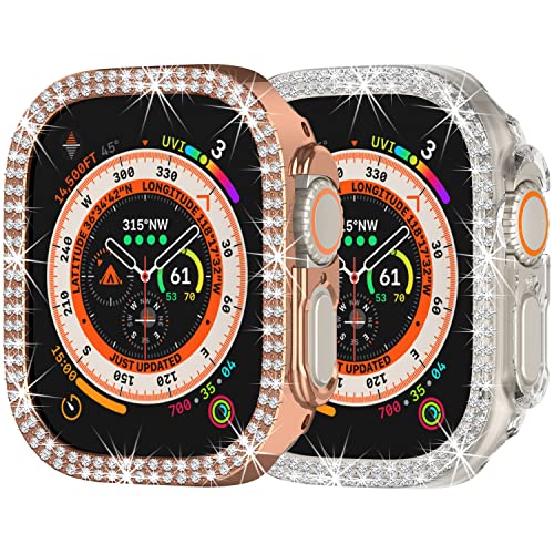 Compatibile con Apple Watch Ultra 3/Ultra 2/Ultra 49 mm Doppia fila Bling Diamond Cover PC Paraurti Custodie Donne Ragazze Cristalli Brillanti Strass Smartwatch Accessori (Trasparente + Oro Rosa)