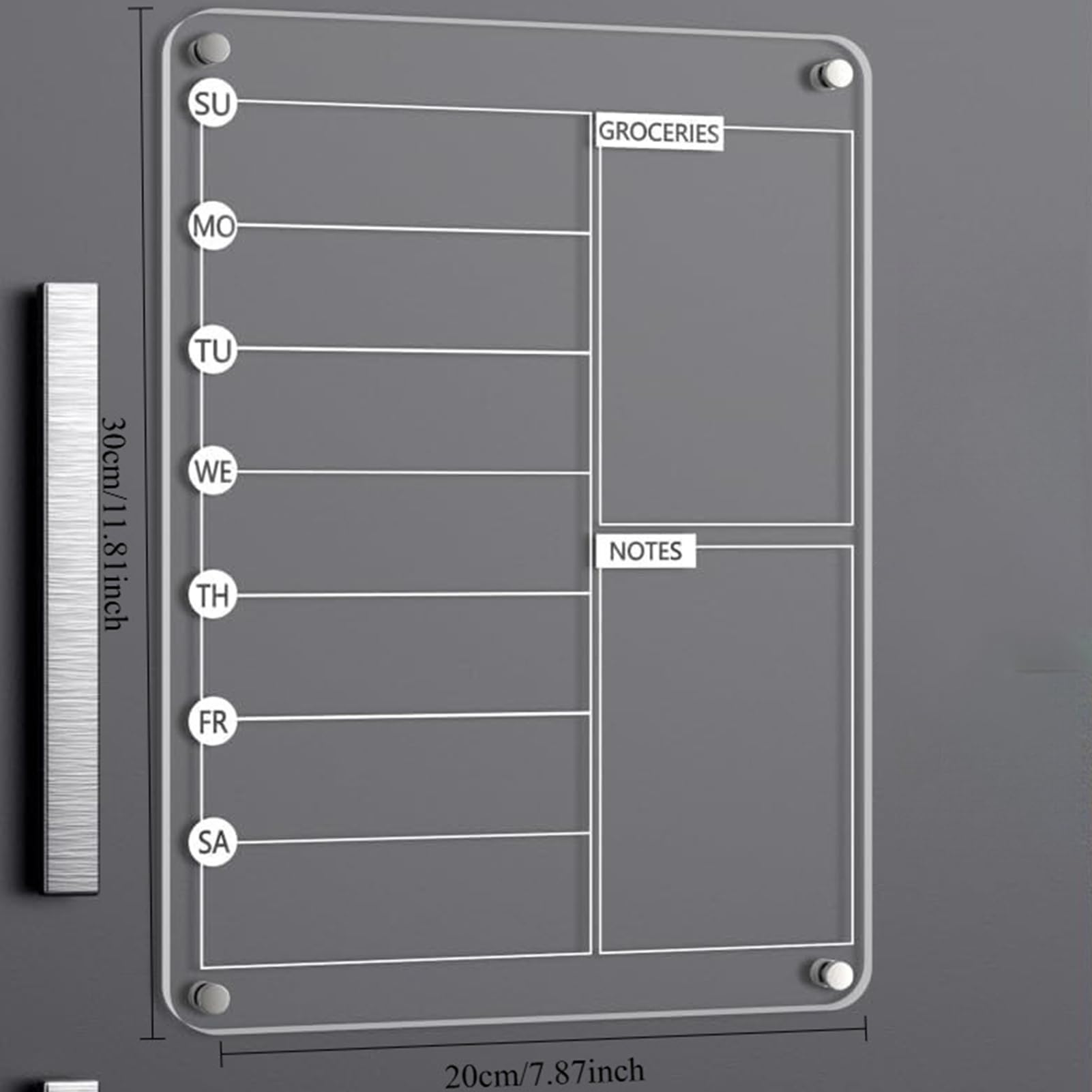 Acrylic Meal Planner Magnetic Board with 8 Markers, Reusable Weekly Noteboard for Refrigerator Grocery List Kitchen Organization