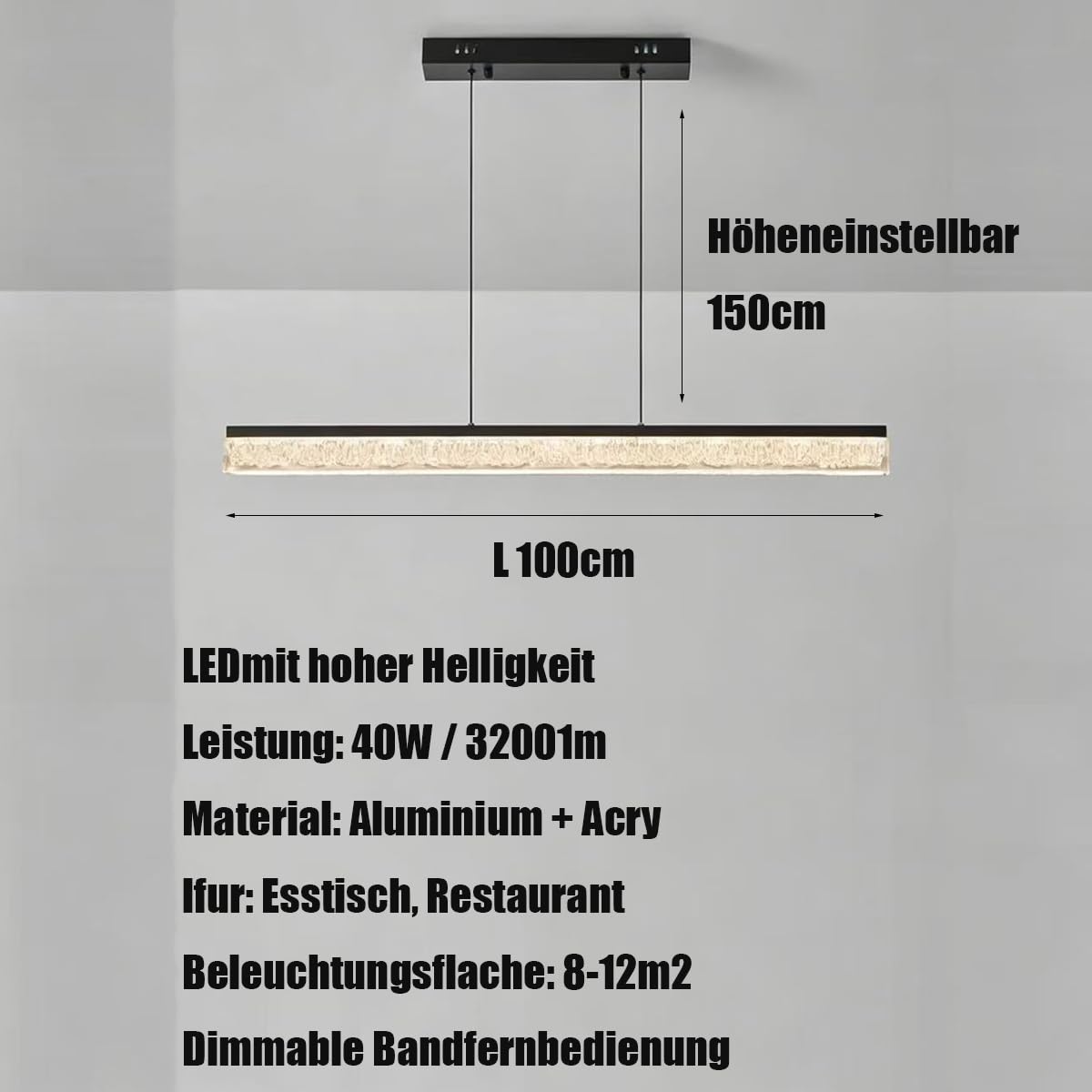 LED Pendelleuchte, Moderne Esstisch Hängelampe mit Fernbedienung Dimmbare Linear design hängeleuchte mit Fernbedienung, Esszimmerlampe hängend Höhenverstellbar Esszimmer Küche (Weiß, 100cm)